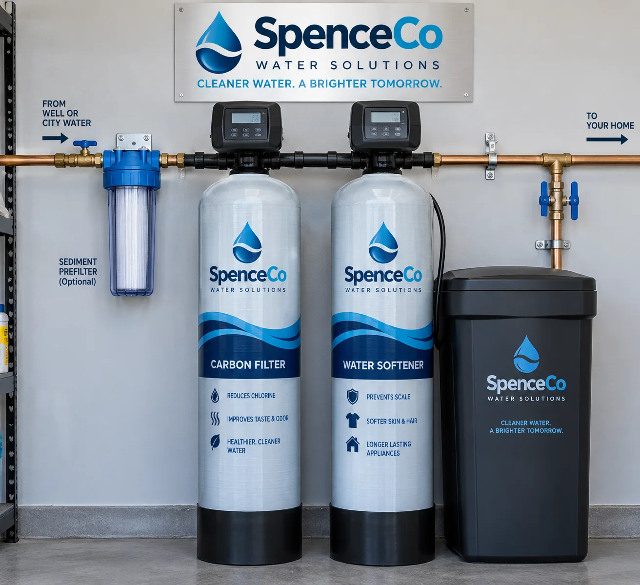 SpenceCo treatment-system illustration showing an optional sediment prefilter, carbon filter, water softener, and brine tank.